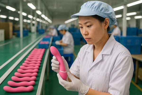 An inspector checking the quality of a silicone sex toy on a production line