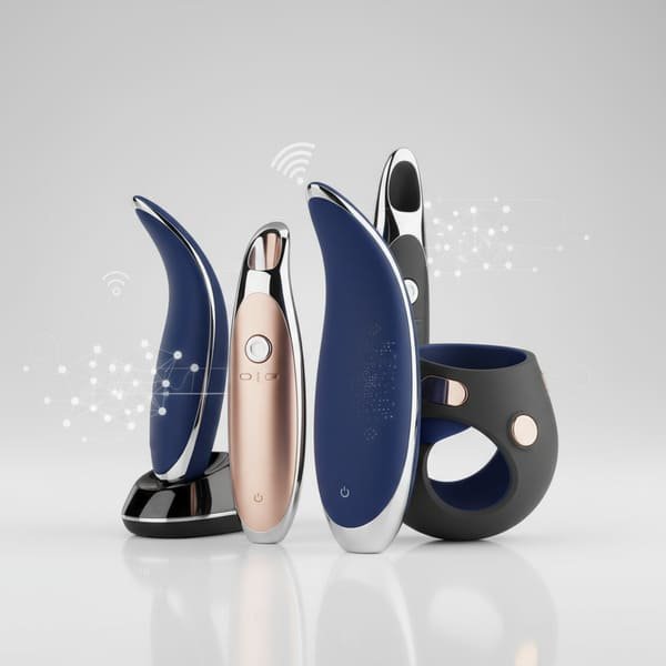 A collection of modern, sleek sex toys on a minimalist background