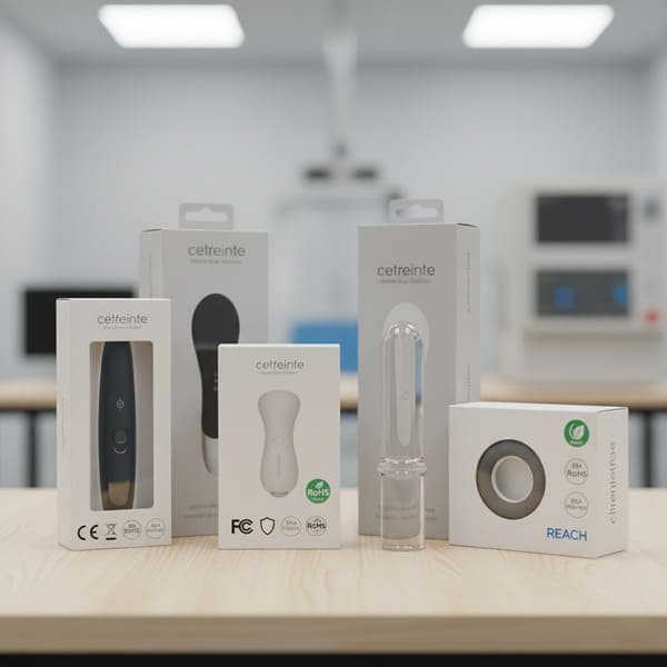 A variety of sex toys with certification marks like CE and FCC on their packaging