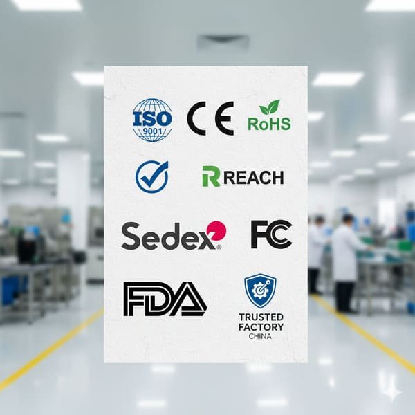 A collection of certification logos like ISO 9001, CE, and RoHS