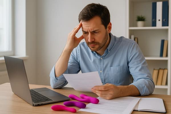 A brand manager looking stressed while reviewing product complaints