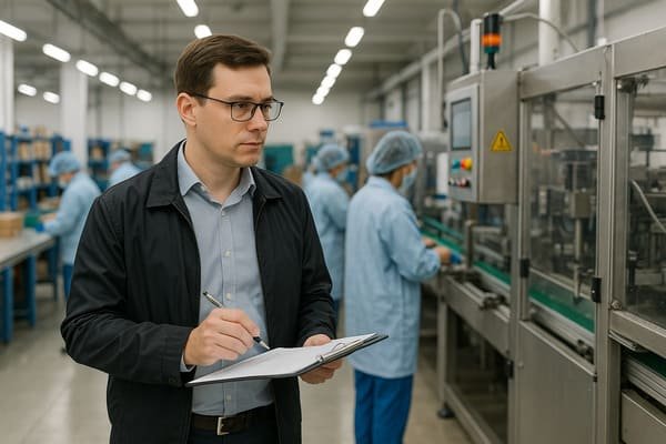 A person conducting an on-site factory audit with a clipboard